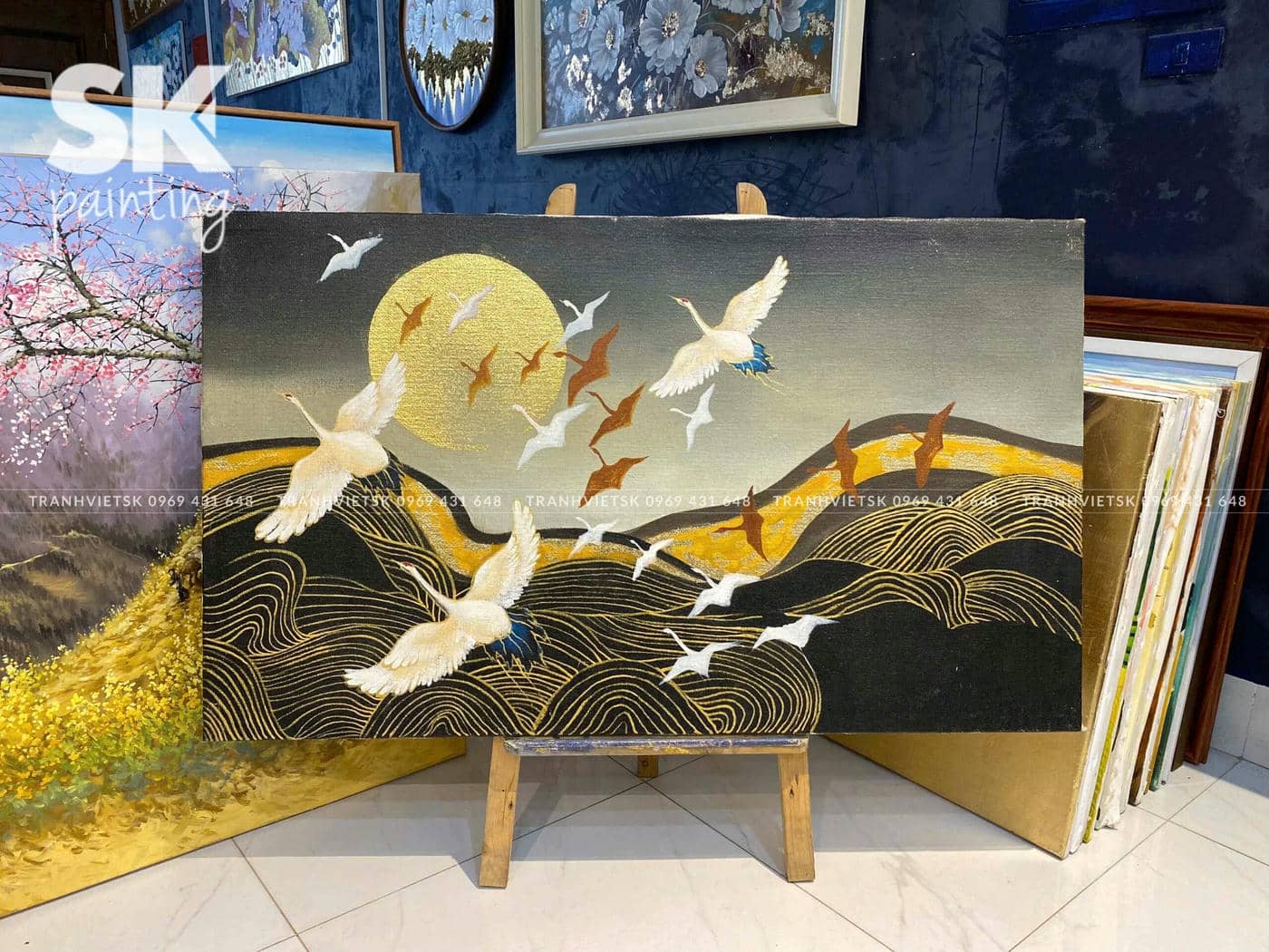 Thập Hạc Nghênh Trăng - lòng tranh 75x125cm