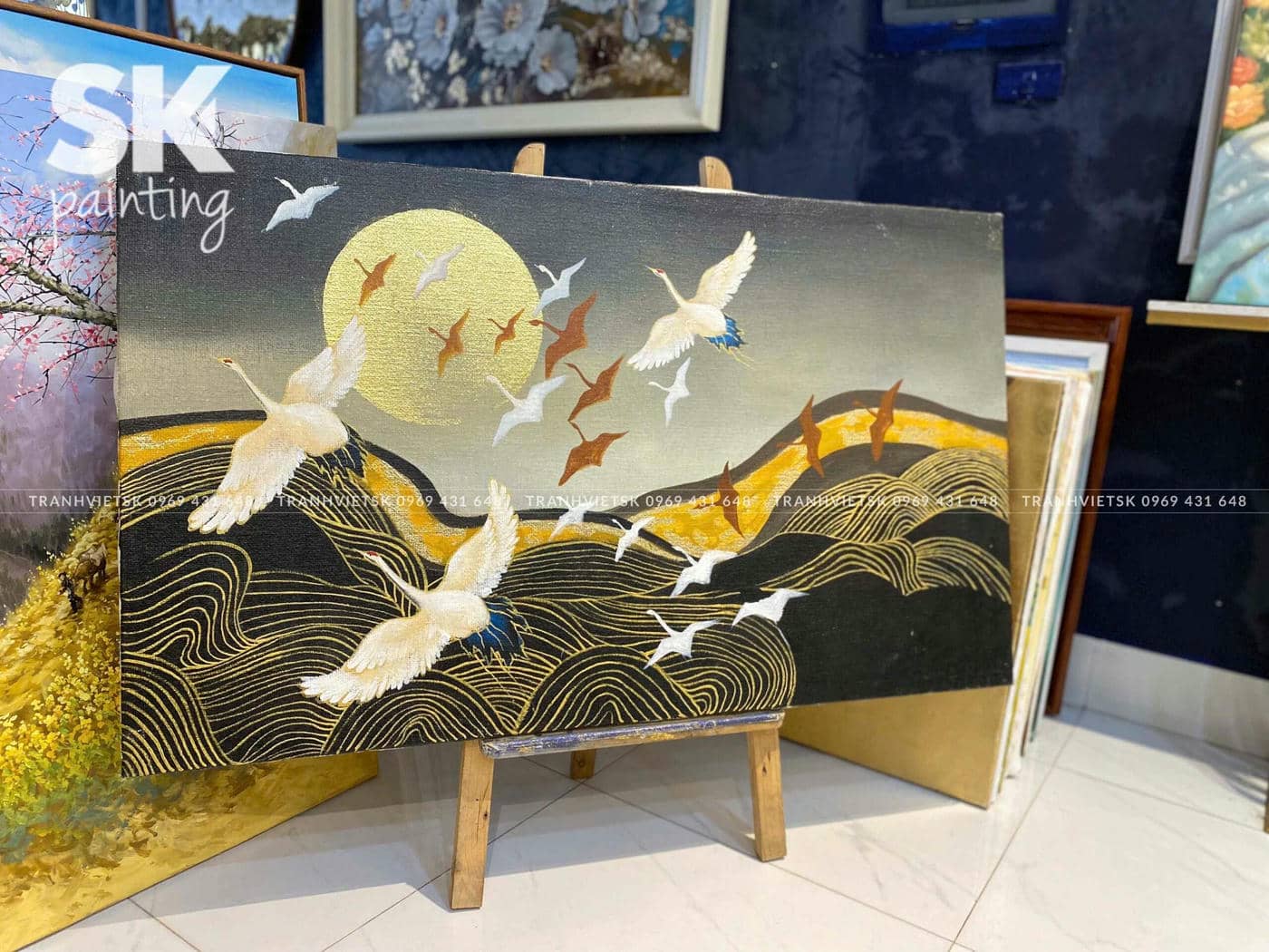 Thập Hạc Nghênh Trăng - lòng tranh 75x125cm - Ảnh 3